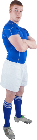 Confident Rugby Player Posing in Blue and White Kit Transparent