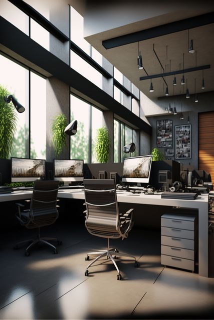 Contemporary office scene showcases an open workspace with multiple desks, ergonomic chairs, and computer monitors. Large windows flood the area with natural light, complementing the minimalistic and industrial design elements. Ideal for illustrating modern workplace ergonomics, office interior design concepts, corporate environments, and coworking spaces.