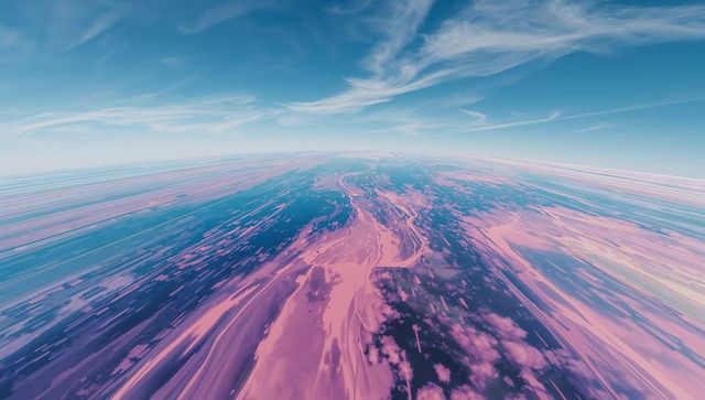 Surreal aerial seascape with pink-purple iridescent streaks and reflective horizon