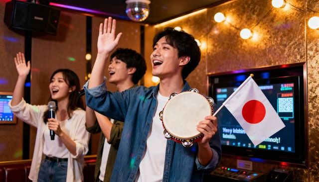 Young adults singing karaoke, holding tambourine and japanese flag in private room