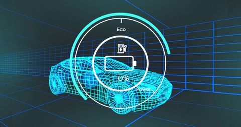 Futuristic 3d wireframe of car with battery ui overlay