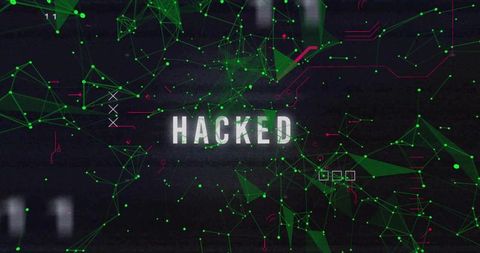 Hacked neon network with green nodes and cyberpunk glitch scanlines for cybersecurity
