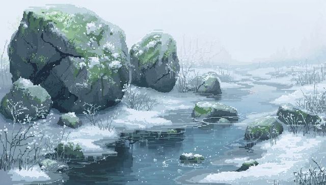 Moss-covered boulders along partially frozen stream in misty snowy winter wetland