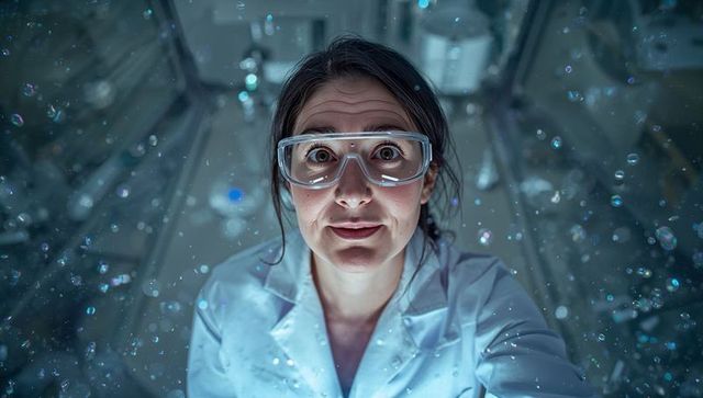 Female scientist observing suspended droplets in laboratory aisle wearing safety goggles
