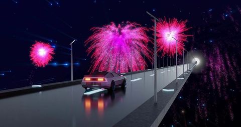 Retro neon sports car driving on wet bridge toward glowing tunnel with magenta fireworks