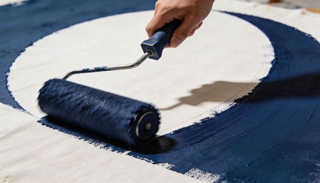Hand Rolling Deep Navy Paint on Canvas Creating Bold Circular Brushstroke and Texture