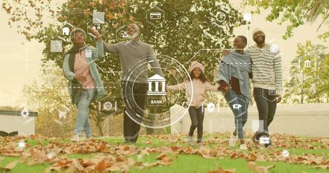 Multigenerational family walking through autumn park with digital banking hud overlay