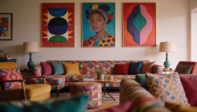 Vibrant bohemian living room featuring patterned sectional, geometric art, bold portrait