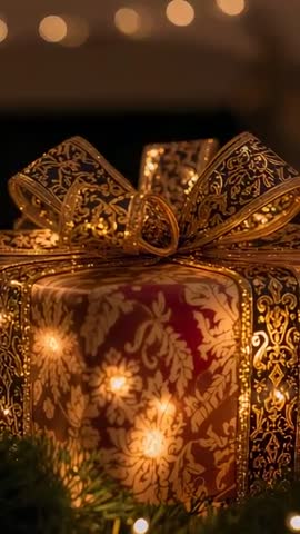Vertical video zooming on ornate red and gold holiday gift box with glowing bow and lights