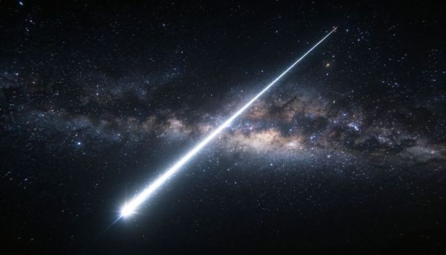 Meteor bolide streaking across milky way core with intense white-blue fireball