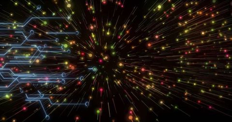 Futuristic particle burst with digital data streams