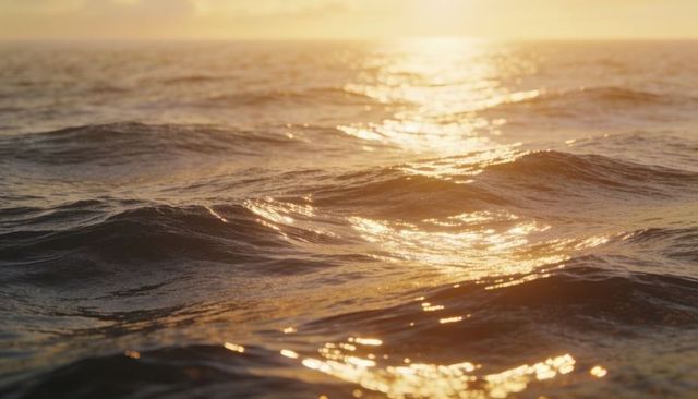 Golden-hour ocean waves reflecting warm sunlight, glinting ripples on calm open water horizon