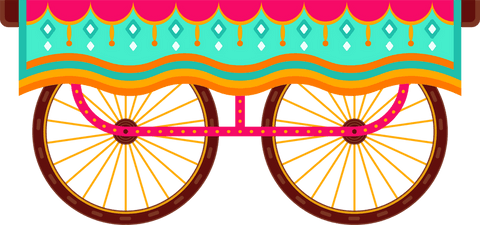 Vintage carnival cart wheels with decorative canopy and transparent backdrop