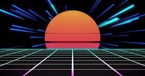 Retro Futuristic Sunset with Neon Grid and Light Streaks - Download Free Stock Images Pikwizard.com