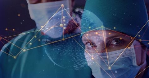 Futuristic Surgeons Examining Digital Globe in Operating Room Overlay