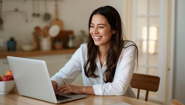 Smiling young woman working on laptop at home kitchen table telecommuting remote job