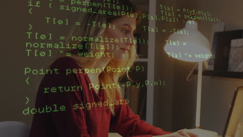 Woman Using Laptop at Home with Animated Data Overlay