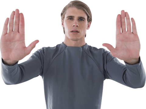 Young Man Wearing Grey Sweater with Transparent Open-Handed Gestures - Download Free Stock Videos Pikwizard.com