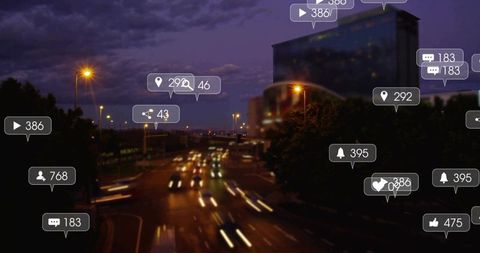 Blurry City Highway with Social Media Icons Highlighting Connectivity