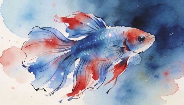 Vibrant watercolor betta fish with flowing iridescent fins in blue and red ink washes