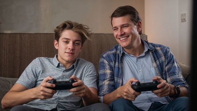 Father and Son Playing Video Games Together on Brown Sofa