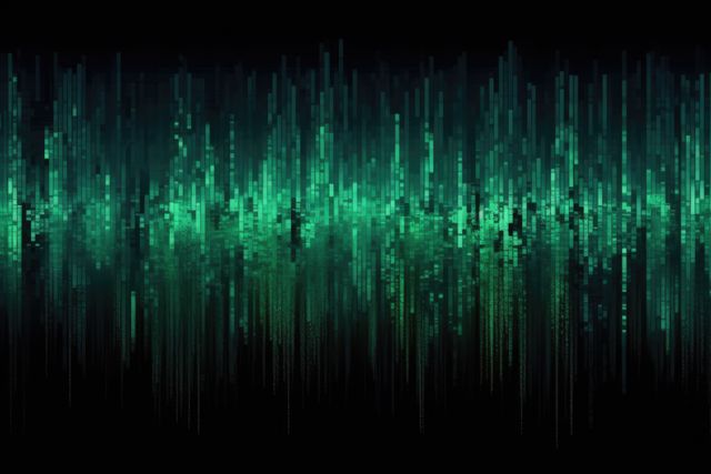 Depicting a digital waveform equalizer with various shades of green vertical bars, this visual represents a soundwave or music frequency spectrum. Ideal for technology, music, audio, and visual representation projects. Perfect for use in backgrounds, presentations, promotional materials, and digital interfaces. The futuristic design emphasizes the relationship between technology and sound.