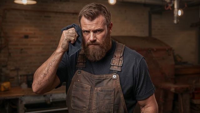 Grizzled mechanic wiping rag, wearing leather apron and dark tee under filament lights