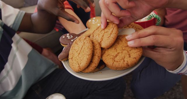 Midsection of group of diverse friends eating christmas cookies - Download Free Stock Photos Pikwizard.com