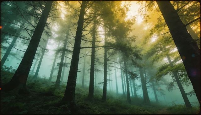Misty conifer forest bathing in golden light, sunbeams piercing fog over mossy slope
