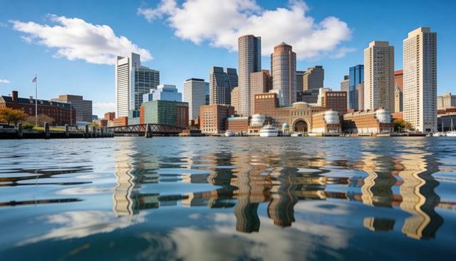 Boston harbor skyline reflecting on calm water with historic arched terminal and marina