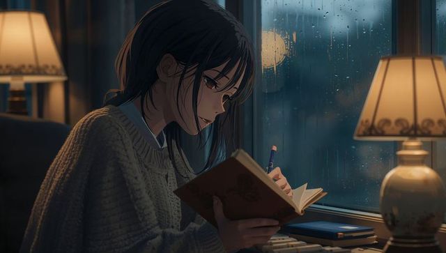 Solitary Moment: Woman Journaling by Rainy Window in Cozy Ambiance