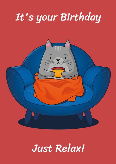 Ideal for birthday cards or social media posts, this image depicts a content cartoon cat relaxing on a blue chair with an orange blanket and warm drink. It conveys a message of relaxation and celebrating in comfort, making it perfect for birthday wishes.