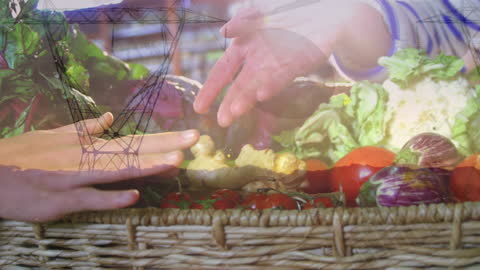 Hands Exchanging Vibrant Vegetables Overlapping Power Lines