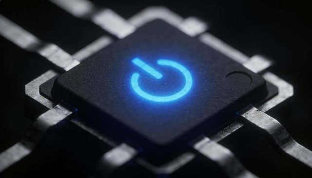 Cyan power symbol glowing on microchip with soldered leads and metallic circuit traces