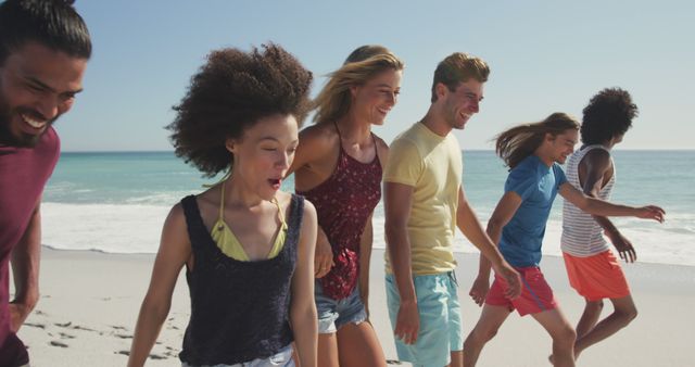 Diverse males and females walking on beach. Summer, free time, chill, vacation, happy time, friendship.