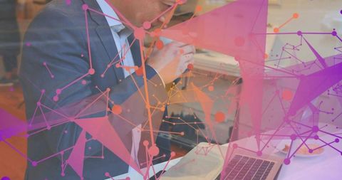 Businessman working in cafe with digital network overlay representing connectivity
