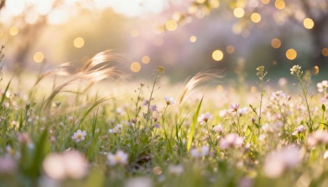 Sunlit pastel wildflower meadow with golden bokeh and soft breeze, spring morning close-up