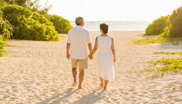 Senior couple walking hand in hand on sunlit sandy path toward ocean at golden hour