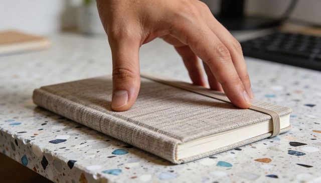 Hand reaching to close linen journal with elastic band on terrazzo desk, minimal workspace