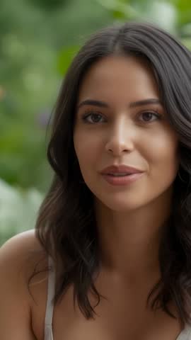 Vertical video smiling Hispanic woman listening and glancing left in lush garden