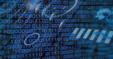 Blue binary code streaming over keyboard with cyber hud overlay and global network