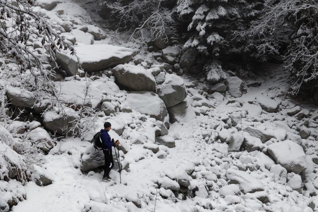 Hiker wearing winter gear with backpack trekking through snowy mountain trails surrounded by trees and rocks. Perfect for themes related to winter adventures, outdoor activities, nature exploration, hiking in various weather conditions, resilience, solitude in nature, and the beauty of winter landscapes.