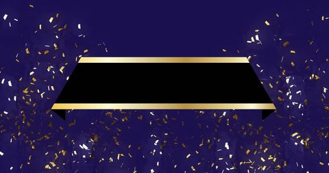 Black banner with gold edges on vibrant blue background adorned with confetti, useful for party invites, festive digital advertisements, or celebration themes that require luxurious yet festive visuals.
