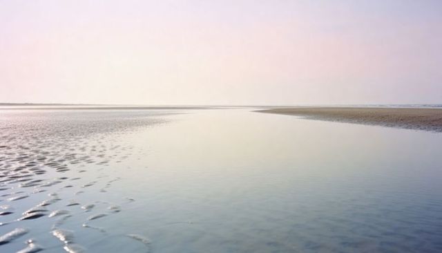 Flowing tidal channel revealing reflective sandbars and pastel horizon