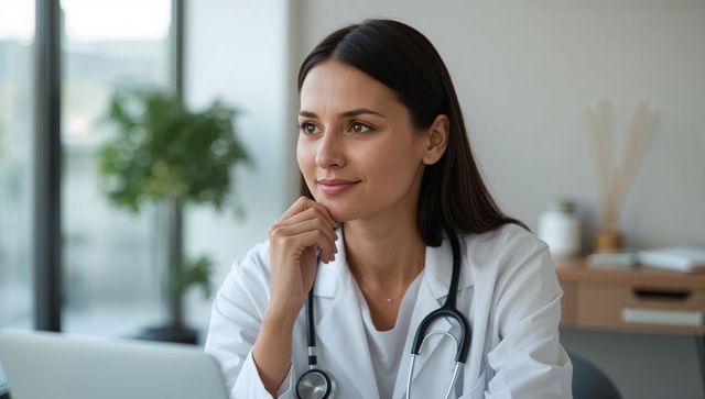 Thinking female doctor in white coat with stethoscope working at laptop in modern clinic