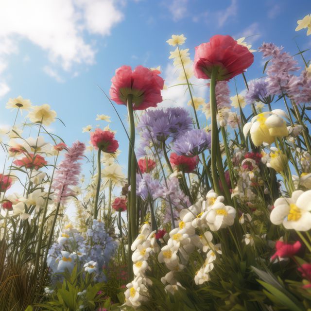 Colourful spring flowers at field over blue sky and clouds, created using generative ai technology. Spring, nature, flowers, digitally generated image.