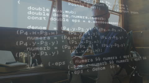 Software Developer Using Laptop with Code Overlay at Home Office