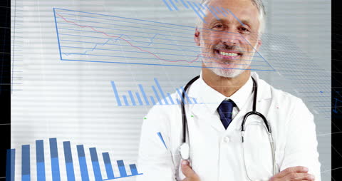 Smiling Doctor with Overlay of Financial Data