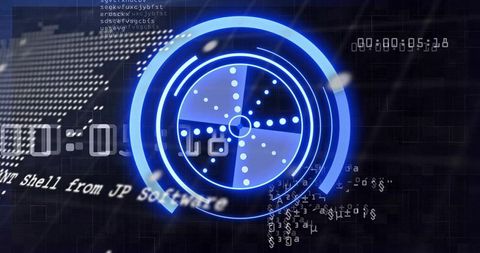 Neon Blue Futuristic HUD Dashboard with Rotating Ring Radar, Digital Countdown Display