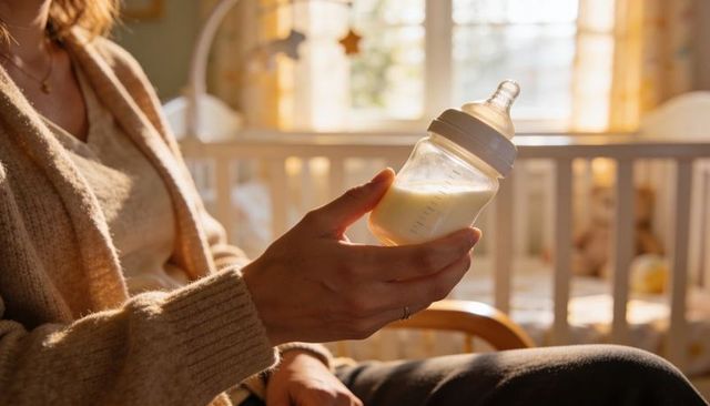 Mother holding baby bottle in cozy sunlit nursery calm feeding moment